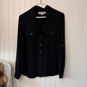 LOFT Black Long-Sleeve Button-Front Blouse SP Great condition